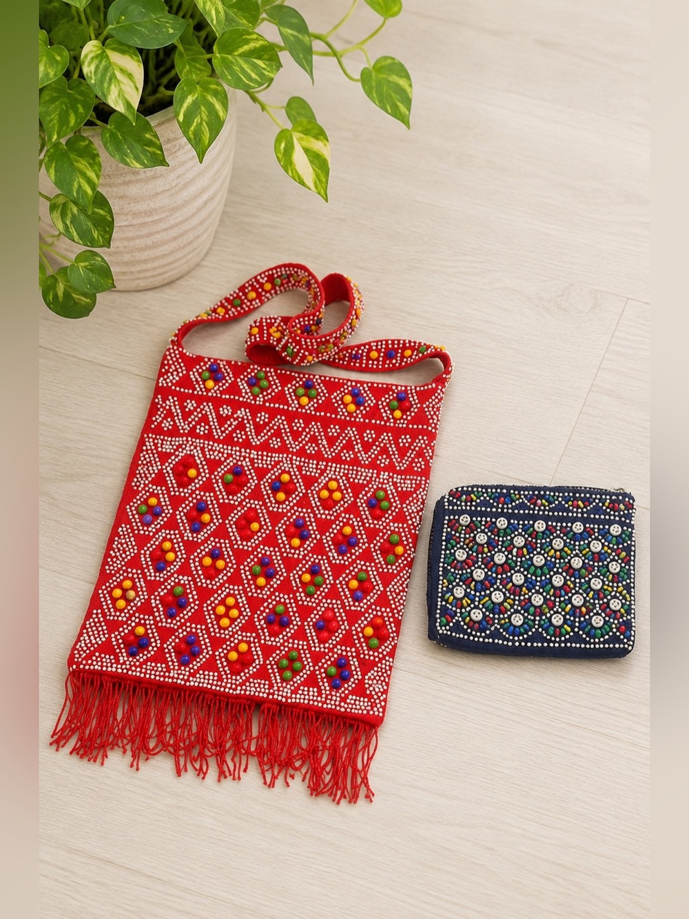 Vintage Candy Dot Beaded Purse Wallet Red Fringe 60s 70s‎ Hippie Retro Bag Set